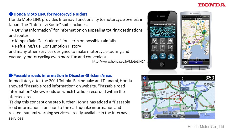 Honda Moto LINC for Motorcycle Riders , Passable roads information in Disaster-Stricken Areas
